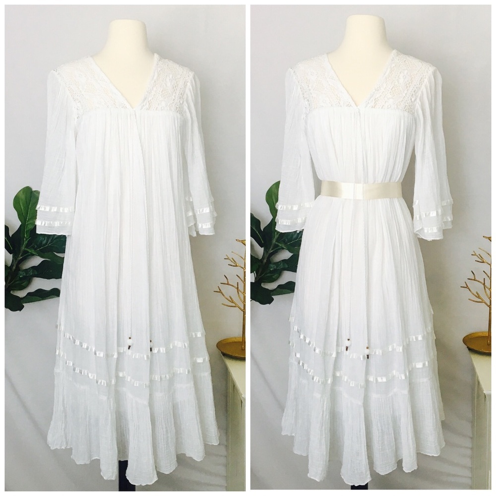 MIGUELINA | Lace Cotton White Boho Maxi Dress XS